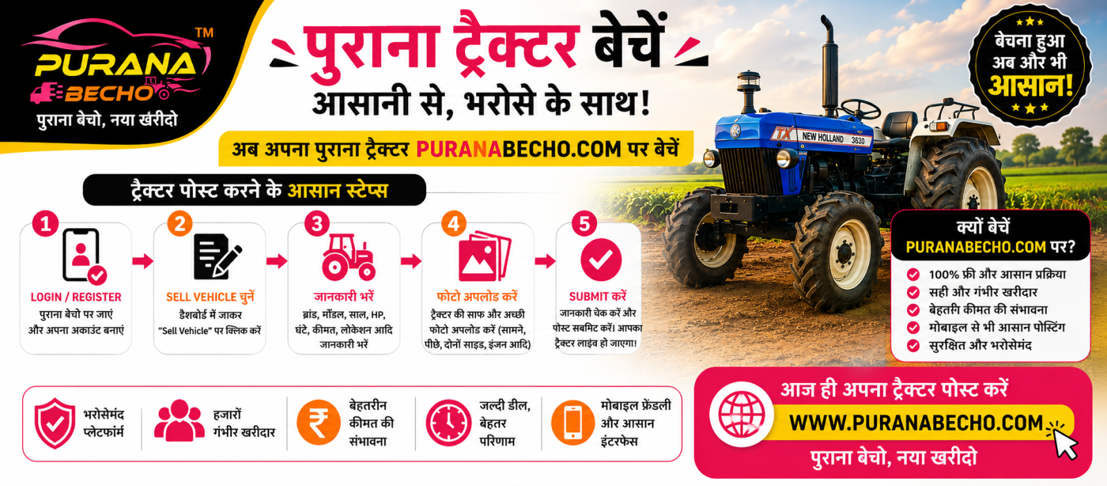 पुराना ट्रैक्टर बेचना है? PuranaBecho पर आसानी से बेचें अपना ट्रैक्टर